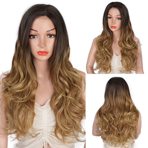 Qp hairMONIXI Synthetic Long Wavy Wig Ombre Blonde for Women Daily Used And Cosplay Middle Part Black Heat Resistance Fiber wig