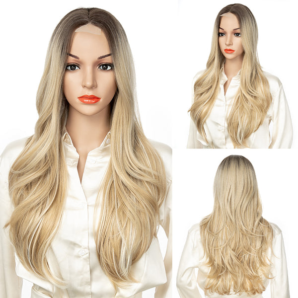 Qp hairMONIXI Synthetic Long Wavy Wig Ombre Blonde for Women Daily Used And Cosplay Middle Part Black Heat Resistance Fiber wig