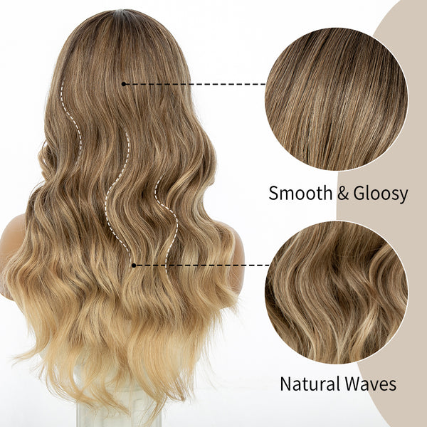 Qp hairMONIXI Synthetic Long Wavy Wig Ombre Blonde for Women Daily Used And Cosplay Middle Part Black Heat Resistance Fiber wig