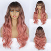 Qp hairMONIXI Synthetic Long Wavy Wig Ombre Pink Wig With Bangs for Women Blonde Cosplay Party  Heat Resistant Fiber Wigs