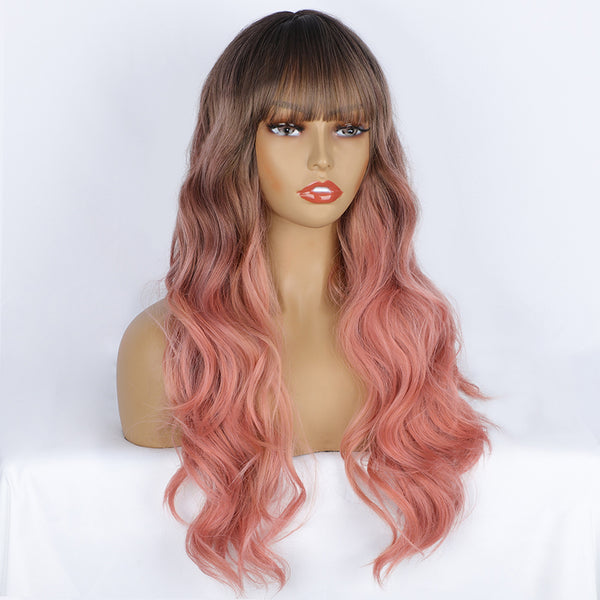 Qp hairMONIXI Synthetic Long Wavy Wig Ombre Pink Wig With Bangs for Women Blonde Cosplay Party  Heat Resistant Fiber Wigs