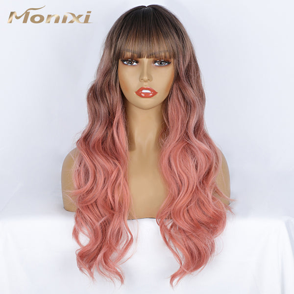 Qp hairMONIXI Synthetic Long Wavy Wig Ombre Pink Wig With Bangs for Women Blonde Cosplay Party  Heat Resistant Fiber Wigs