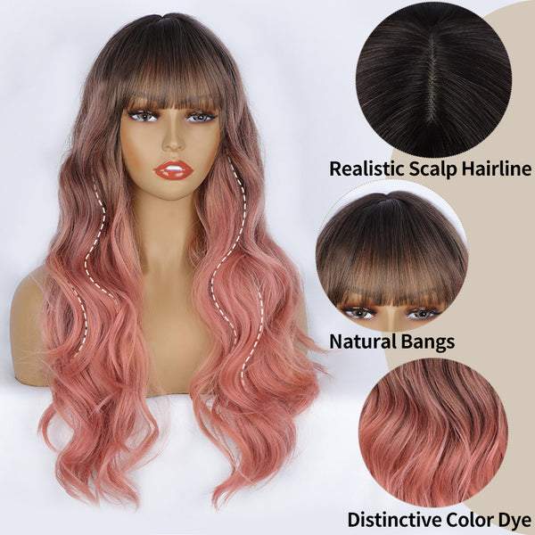 Qp hairMONIXI Synthetic Long Wavy Wig Ombre Pink Wig With Bangs for Women Blonde Cosplay Party  Heat Resistant Fiber Wigs