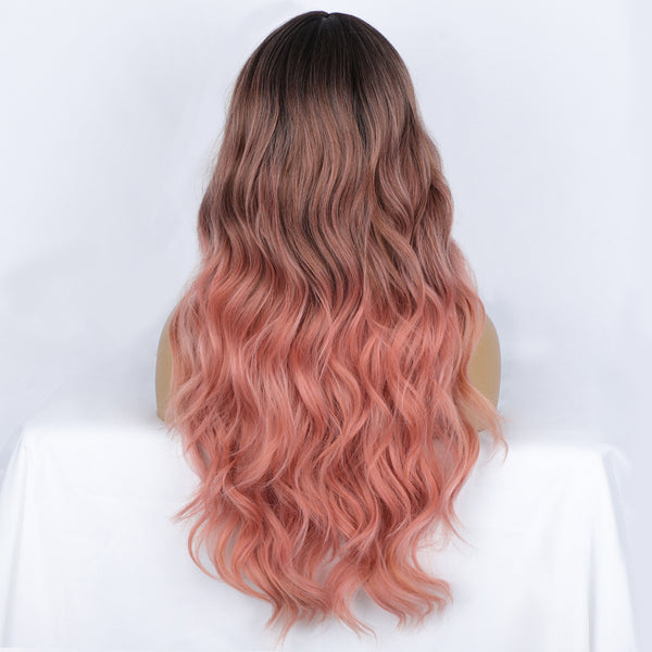 Qp hairMONIXI Synthetic Long Wavy Wig Ombre Pink Wig With Bangs for Women Blonde Cosplay Party  Heat Resistant Fiber Wigs