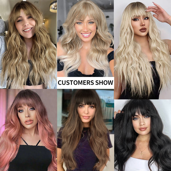 Qp hairMONIXI Synthetic Long Wavy Wig Ombre Pink Wig With Bangs for Women Blonde Cosplay Party  Heat Resistant Fiber Wigs