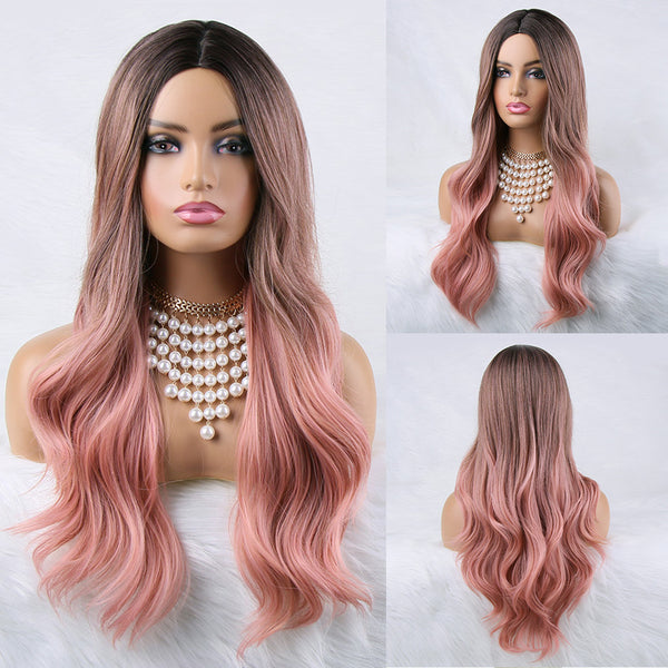 Qp hairMONIXI Synthetic Long Wavy Wig Ombre Pink Wig With Bangs for Women Blonde Cosplay Party  Heat Resistant Fiber Wigs