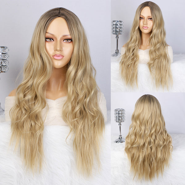 Qp hairMONIXI Synthetic Long Wavy Wig Ombre Platinum Wigs With Bangs for Women Daily Use And Cosplay Blonde Heat Resistant Fiber Wig