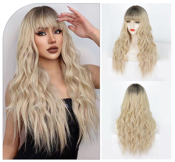 Qp hairMONIXI Synthetic Long Wavy Wig Ombre Platinum Wigs With Bangs for Women Daily Use And Cosplay Blonde Heat Resistant Fiber Wig