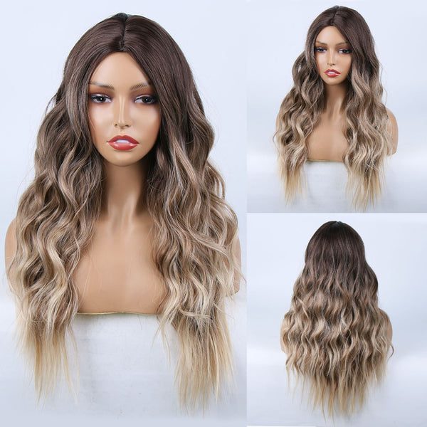 Qp hairMONIXI Synthetic Long Wavy Wig Ombre Platinum Wigs With Bangs for Women Daily Use And Cosplay Blonde Heat Resistant Fiber Wig