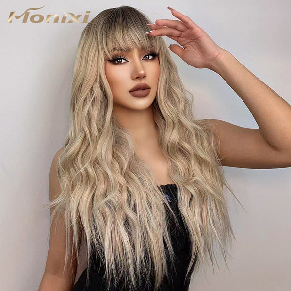 Qp hairMONIXI Synthetic Long Wavy Wig Ombre Platinum Wigs With Bangs for Women Daily Use And Cosplay Blonde Heat Resistant Fiber Wig