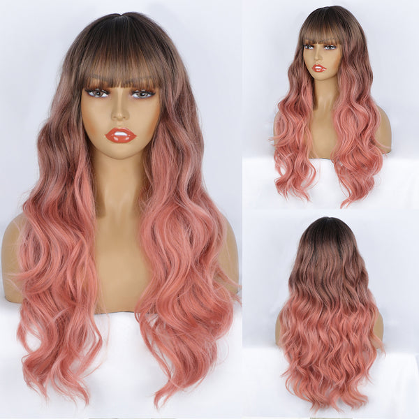 Qp hairMONIXI Synthetic Long Wavy Wig Ombre Platinum Wigs With Bangs for Women Daily Use And Cosplay Blonde Heat Resistant Fiber Wig