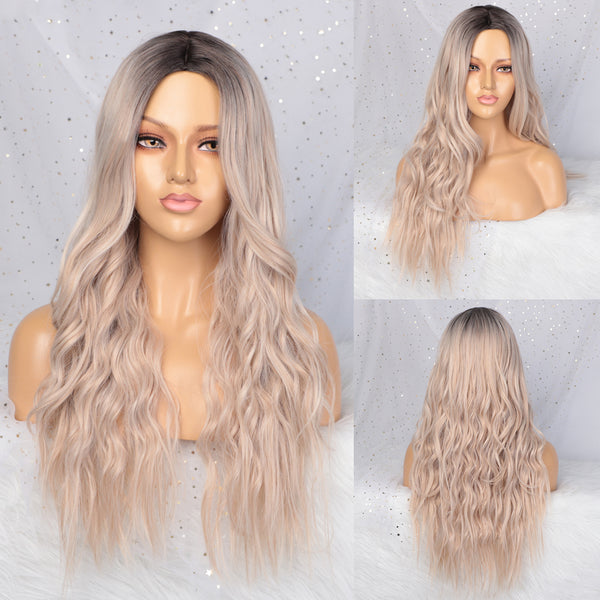 Qp hairMONIXI Synthetic Long Wavy Wig Ombre Platinum Wigs With Bangs for Women Daily Use And Cosplay Blonde Heat Resistant Fiber Wig