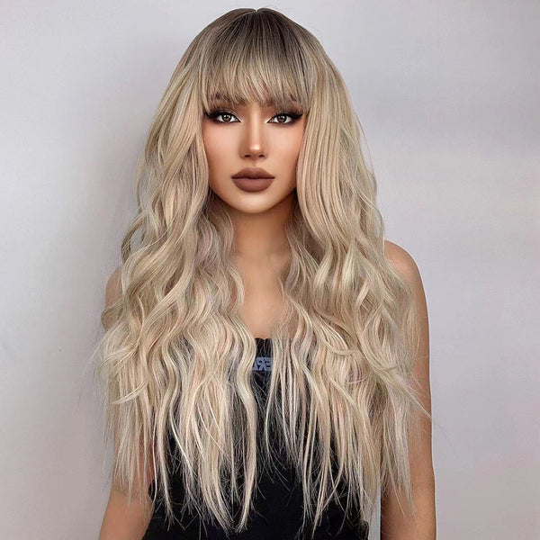 Qp hairMONIXI Synthetic Long Wavy Wig Ombre Platinum Wigs With Bangs for Women Daily Use And Cosplay Blonde Heat Resistant Fiber Wig