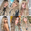 Qp hairMONIXI Synthetic Long Wavy Wig Ombre Platinum Wigs With Bangs for Women Daily Use And Cosplay Blonde Heat Resistant Fiber Wig