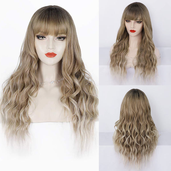 Qp hairMONIXI Synthetic Long Wavy Wig Ombre Platinum Wigs With Bangs for Women Daily Use And Cosplay Blonde Heat Resistant Fiber Wig