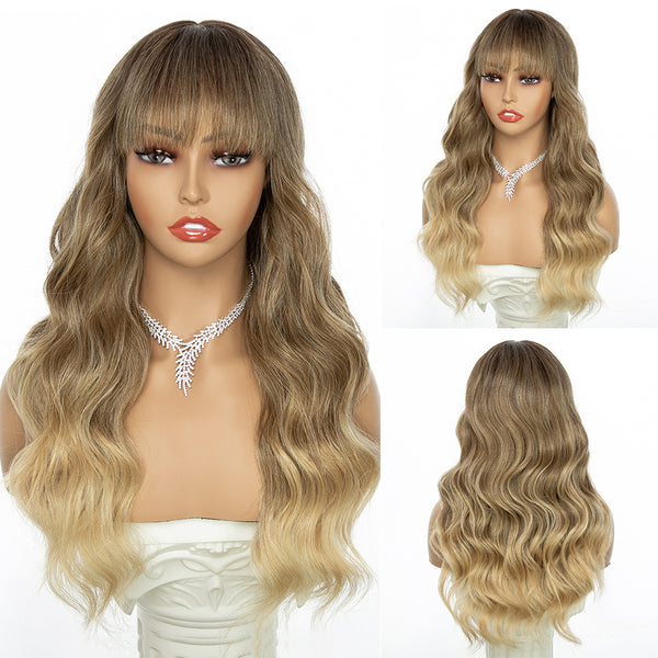 Qp hairMONIXI Synthetic Long Wavy Wig Ombre Platinum Wigs With Bangs for Women Daily Use And Cosplay Blonde Heat Resistant Fiber Wig