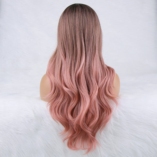 Qp hairMONIXI Synthetic Long wave Wig Middle Part Ombre Pink Wig for Black Women Cosplay Daily Natural Looking Wigs Heat Resistant