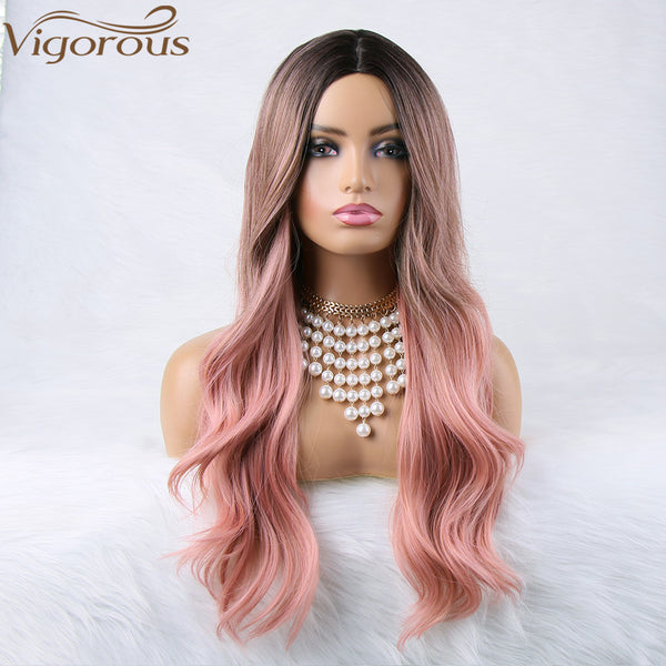 Qp hairMONIXI Synthetic Long wave Wig Middle Part Ombre Pink Wig for Black Women Cosplay Daily Natural Looking Wigs Heat Resistant