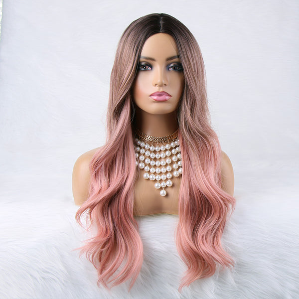 Qp hairMONIXI Synthetic Long wave Wig Middle Part Ombre Pink Wig for Black Women Cosplay Daily Natural Looking Wigs Heat Resistant