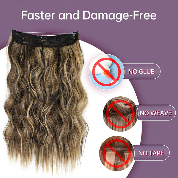 Qp hairMONIXI Synthetic Mixed Brown Hair Extension Long Wavy Invisible Wire Hair Clip in Hair Extensions for Women Natural Daily Hair