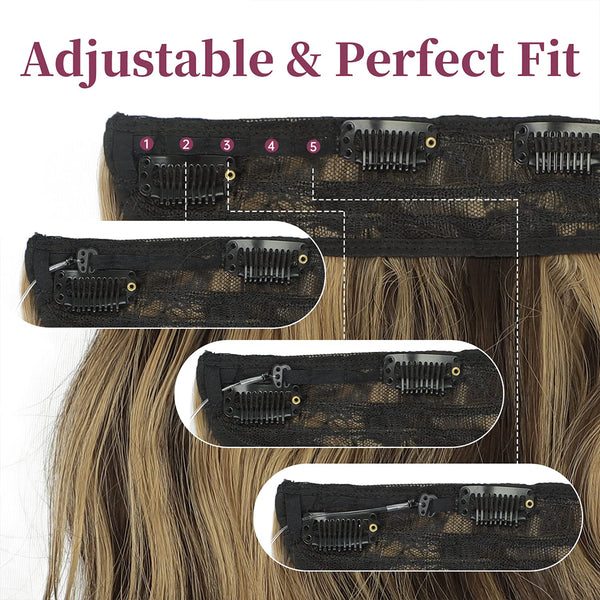 Qp hairMONIXI Synthetic Mixed Brown Hair Extension Long Wavy Invisible Wire Hair Clip in Hair Extensions for Women Natural Daily Hair