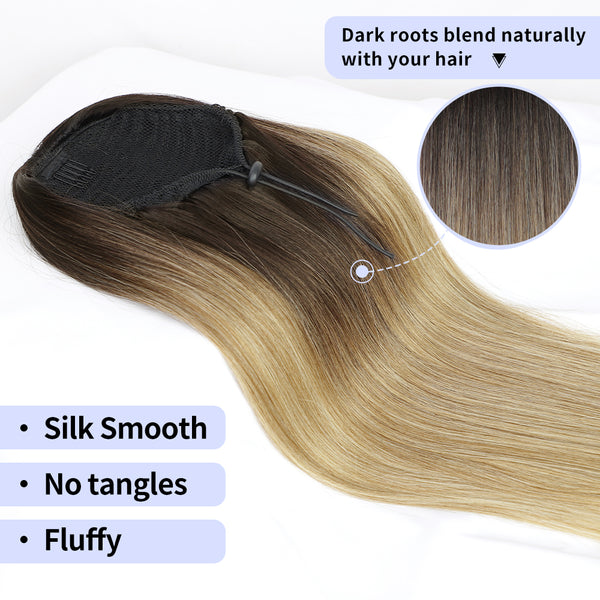 Qp hairMONIXI Synthetic Ombre Blonde Ponytail Long Straight Drawstring Ponytail Hair Extensions for Women Natural Black Daily Hairpiece