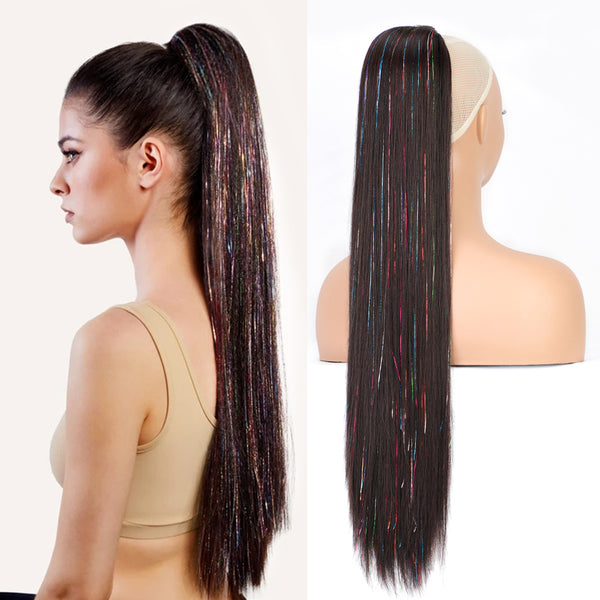 Qp hairMONIXI Synthetic Ombre Blonde Ponytail Long Straight Drawstring Ponytail Hair Extensions for Women Natural Black Daily Hairpiece