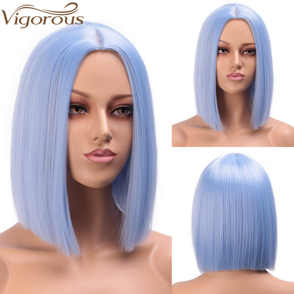 Qp hairMONIXI Synthetic Short Straight Bob Synthetic Wig  Light Blue Hair for Women Pink  Purple Colorful Cosplay Wig Heat Resistant