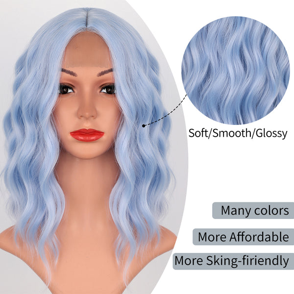 Qp hairMONIXI Synthetic Short Wavy Bob Wig Blue Wigs for Women Cosplay And Party Used With Middle Part Heat Resistance Fiber Wig