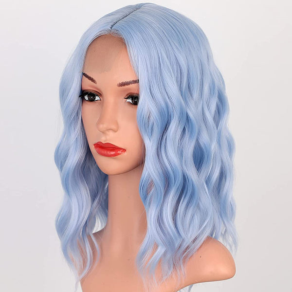 Qp hairMONIXI Synthetic Short Wavy Bob Wig Blue Wigs for Women Cosplay And Party Used With Middle Part Heat Resistance Fiber Wig
