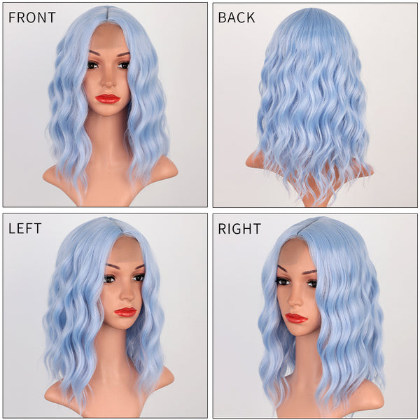 Qp hairMONIXI Synthetic Short Wavy Bob Wig Blue Wigs for Women Cosplay And Party Used With Middle Part Heat Resistance Fiber Wig