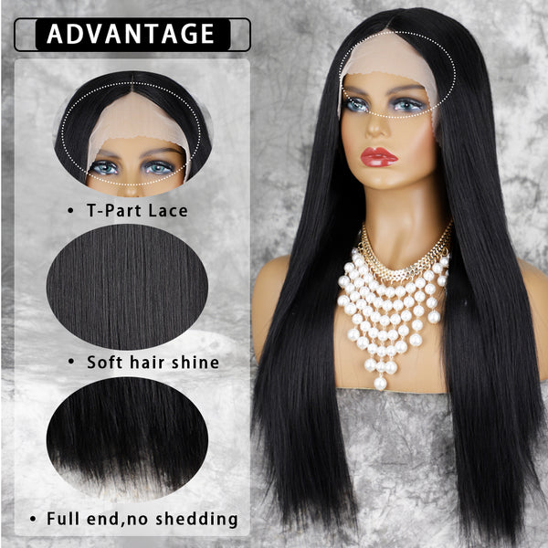 Qp hairMONIXI Synthetic T-Part Lace Wig Long Straight Black Wigs for Women Middle Part Natural Looking Glueless Fake Hair