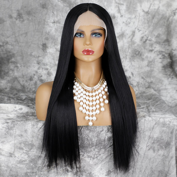 Qp hairMONIXI Synthetic T-Part Lace Wig Long Straight Black Wigs for Women Middle Part Natural Looking Glueless Fake Hair