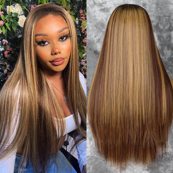 Qp hairMONIXI Synthetic T-Part Lace Wig Long Straight Black Wigs for Women Middle Part Natural Looking Glueless Fake Hair