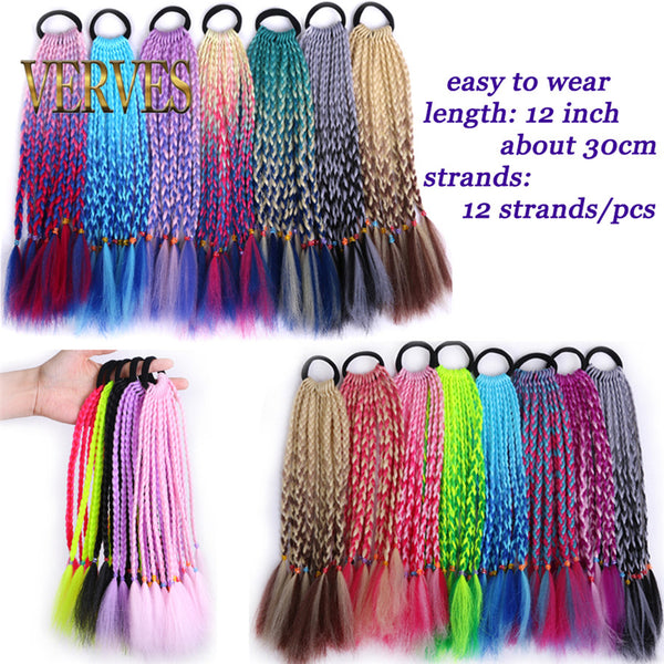 Qp hairPonytail Chignon Synthetic Hair Extension With Rubber Ring Ombre Braid Hairpiece Hair 12 inch Rainbow Color Girls Party Hair Tie