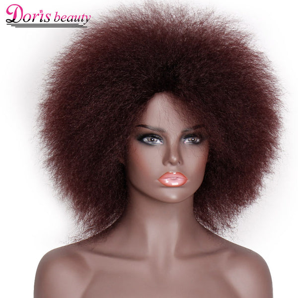 Synthetic Afro Wig for Women African Dark Brown Black Red Color Yaki Straight Short Wig Cosplay Hair Doris beauty