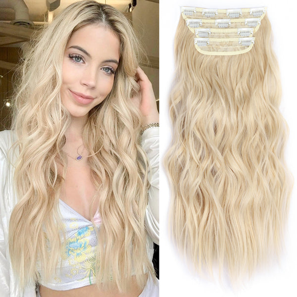 Qp hairSynthetic Long Wavy Synthetic Hair Extensions 4pcs/set Clip In Hair Extensions Dark Brown Ombre Honey Blonde Thick Hairpieces