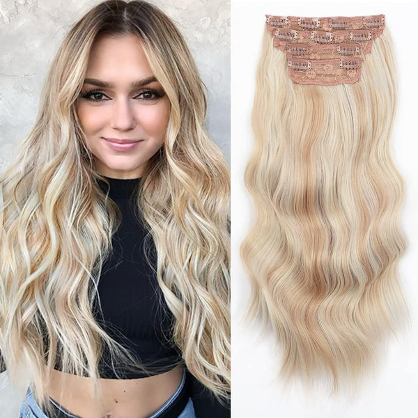 Qp hairSynthetic Long Wavy Synthetic Hair Extensions 4pcs/set Clip In Hair Extensions Dark Brown Ombre Honey Blonde Thick Hairpieces