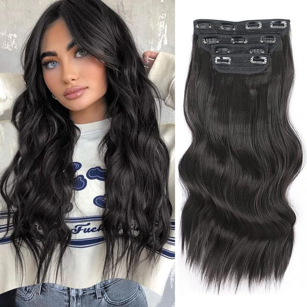 Qp hairSynthetic Long Wavy Synthetic Hair Extensions 4pcs/set Clip In Hair Extensions Dark Brown Ombre Honey Blonde Thick Hairpieces