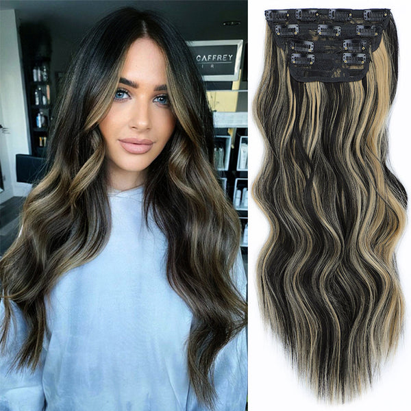 Qp hairSynthetic Long Wavy Synthetic Hair Extensions 4pcs/set Clip In Hair Extensions Dark Brown Ombre Honey Blonde Thick Hairpieces