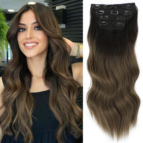 Qp hairSynthetic Long Wavy Synthetic Hair Extensions 4pcs/set Clip In Hair Extensions Dark Brown Ombre Honey Blonde Thick Hairpieces