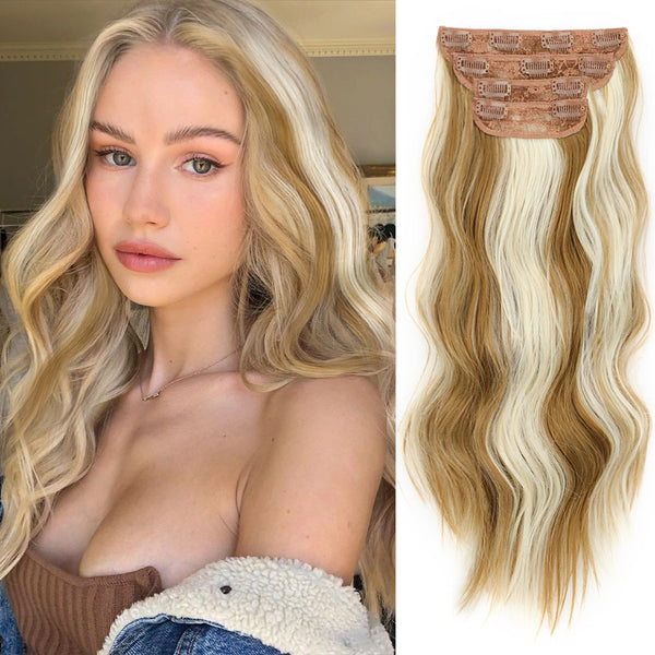 Qp hairSynthetic Long Wavy Synthetic Hair Extensions 4pcs/set Clip In Hair Extensions Dark Brown Ombre Honey Blonde Thick Hairpieces