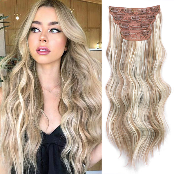 Qp hairSynthetic Long Wavy Synthetic Hair Extensions 4pcs/set Clip In Hair Extensions Dark Brown Ombre Honey Blonde Thick Hairpieces