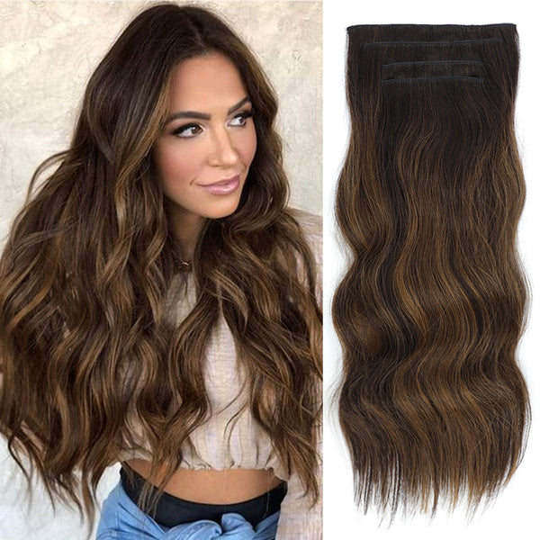 Qp hairSynthetic Long Wavy Synthetic Hair Extensions 4pcs/set Clip In Hair Extensions Dark Brown Ombre Honey Blonde Thick Hairpieces