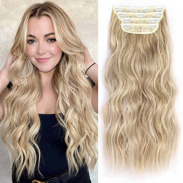 Qp hairSynthetic Long Wavy Synthetic Hair Extensions 4pcs/set Clip In Hair Extensions Dark Brown Ombre Honey Blonde Thick Hairpieces