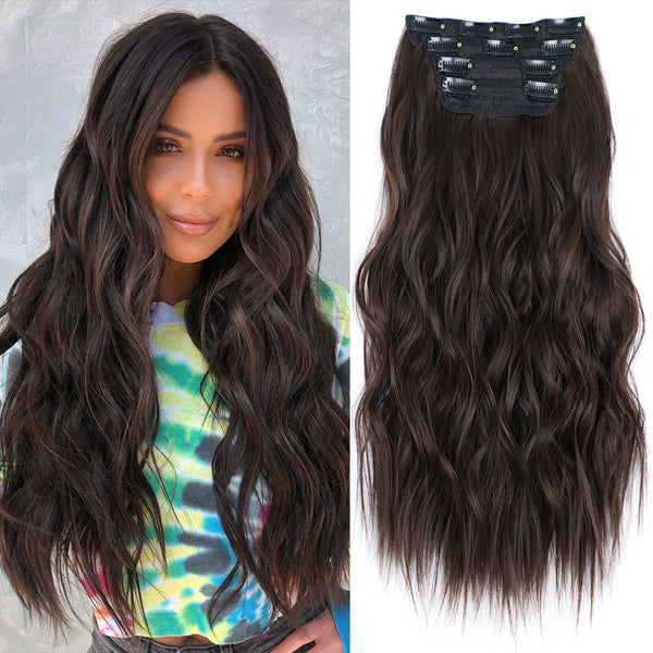 Qp hairSynthetic Long Wavy Synthetic Hair Extensions 4pcs/set Clip In Hair Extensions Dark Brown Ombre Honey Blonde Thick Hairpieces