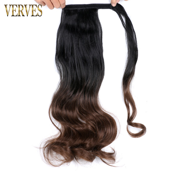 Qp hairVERVES Synthetic Clip In Ponytail Body Wavy Wrap Around Hair Extension Heat Reistan Pony Tail Ombre Hair For Women Black Brown