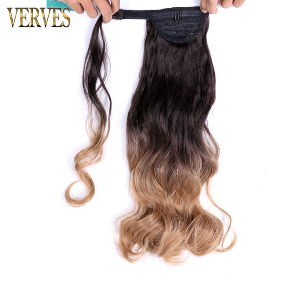 Qp hairVERVES Synthetic Clip In Ponytail Body Wavy Wrap Around Hair Extension Heat Reistan Pony Tail Ombre Hair For Women Black Brown