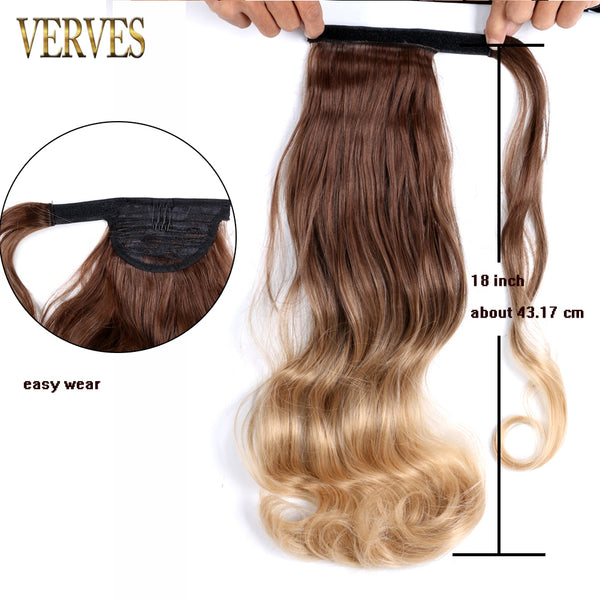 Qp hairVERVES Synthetic Clip In Ponytail Body Wavy Wrap Around Hair Extension Heat Reistan Pony Tail Ombre Hair For Women Black Brown