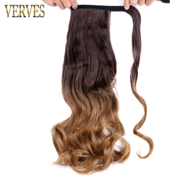 Qp hairVERVES Synthetic Clip In Ponytail Body Wavy Wrap Around Hair Extension Heat Reistan Pony Tail Ombre Hair For Women Black Brown